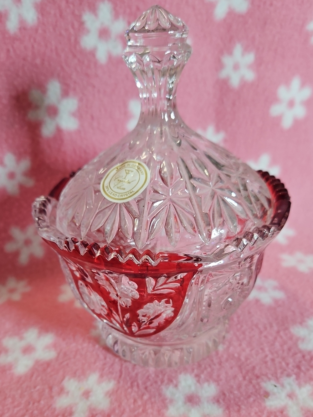 Bohemian Ruby Red and Clear Covered Candy Dish